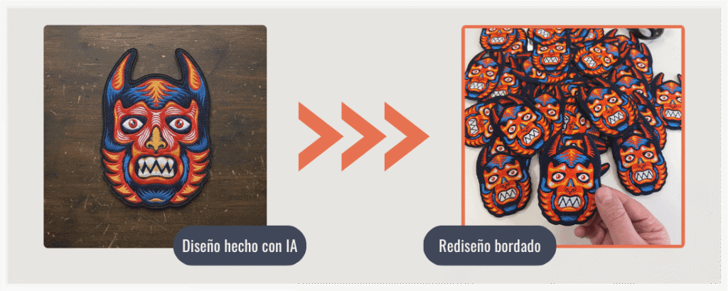 Parche bordado diseñado con IA adaptado a diseño real de bordado